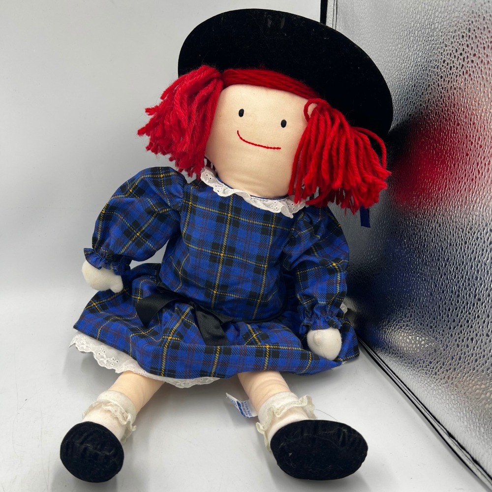 Vintage Eden Madeline Rag Doll 18"‎ Blue Plaid Dress Black Hat Appendectomy Scar